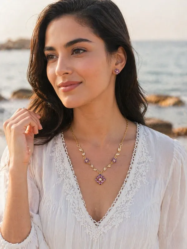Purple_Floral_Pendant_Necklace_For_Women_Gold_Plated_Flower_Chain