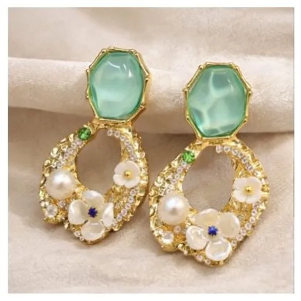 Green_Stone_Floral_Pearl_Drop_Earrings_Gold_Tone_Green
