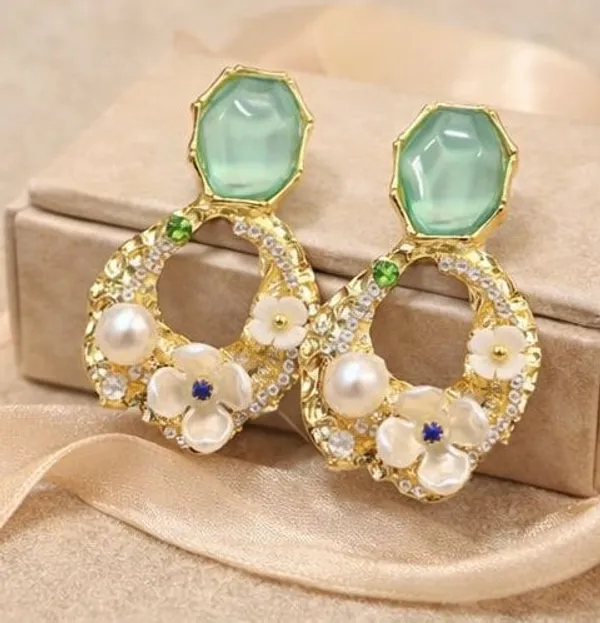 Green_Stone_Floral_Pearl_Drop_Earrings_Gold_Tone_Green