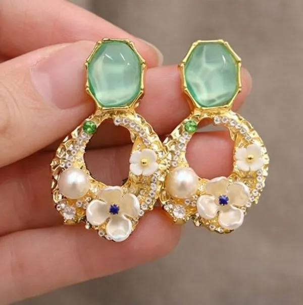 Green_Stone_Floral_Pearl_Drop_Earrings_Gold_Tone_Green