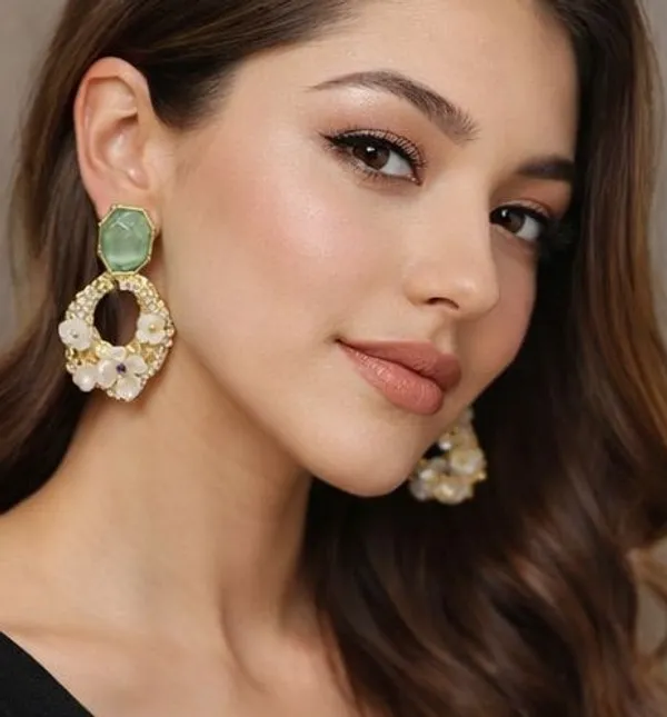 Green_Stone_Floral_Pearl_Drop_Earrings_Gold_Tone_Green