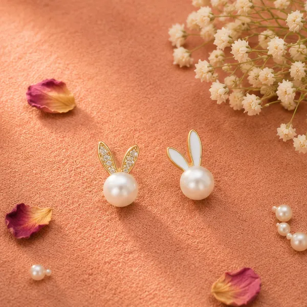 Cute_Pearl_Bunny_Stud_Earrings_Mismatched_Crystal_Enamel