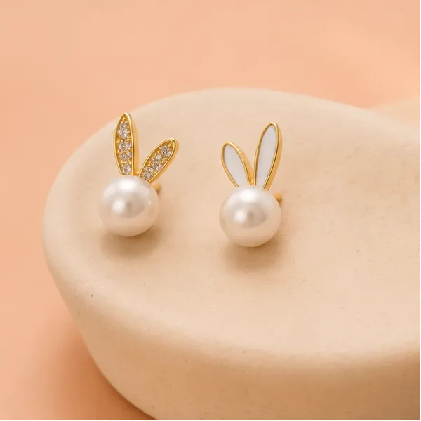 Cute_Pearl_Bunny_Stud_Earrings_Mismatched_Crystal_Enamel