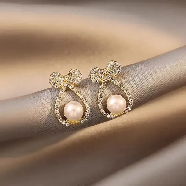 Bow_Pearl_Drop_Earrings_Crystal_Studded_Gold_Tone_For_Women