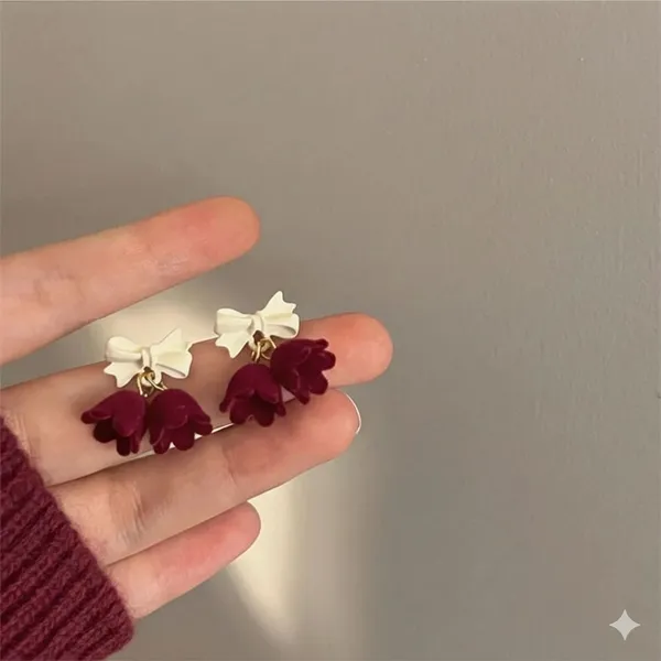 Burgundy_Velvet_Lily_Cream_Bow_Drop_Earrings
