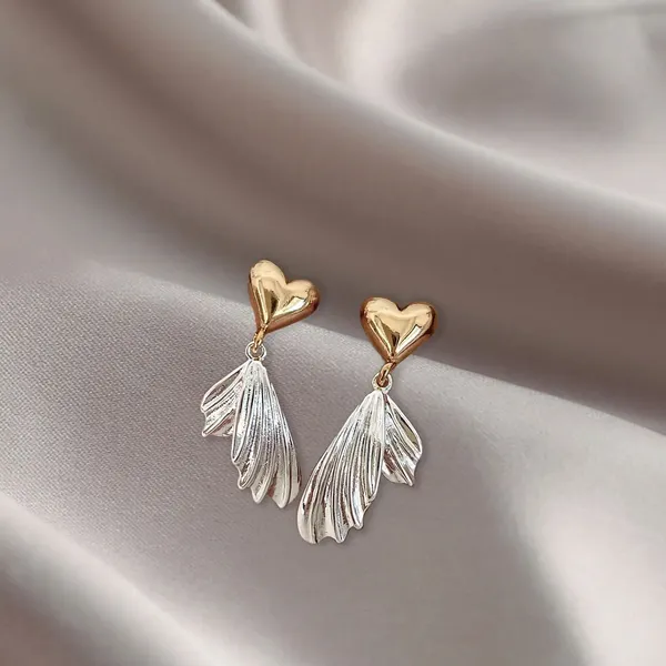 Golden_Heart_Silver_Winged_Petal_Drop_Earrings