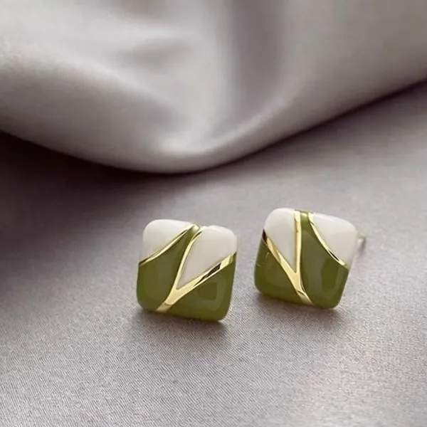 Olive_Green_Enamel_Stud_Earrings_Square_Geometric_Gold_Tone_Studs