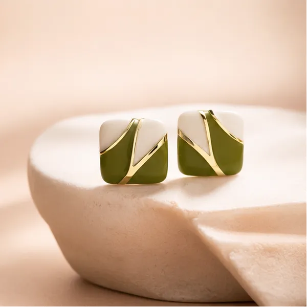 Olive_Green_Enamel_Stud_Earrings_Square_Geometric_Gold_Tone_Studs