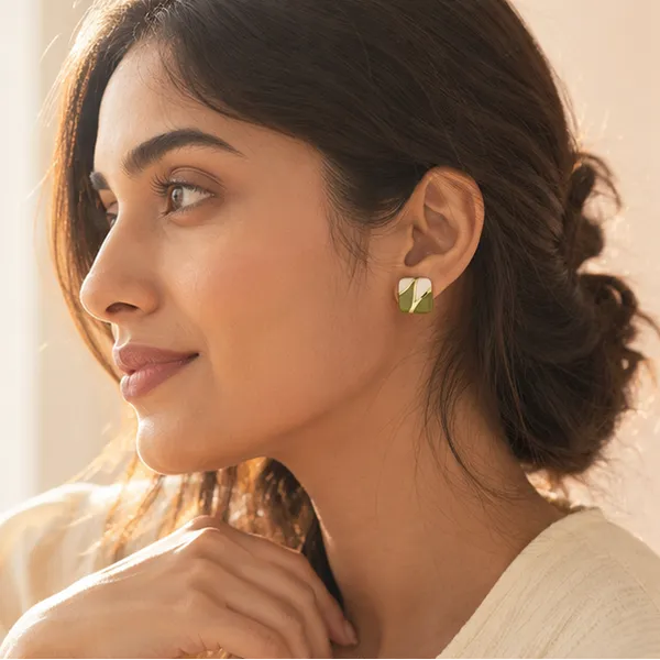 Olive_Green_Enamel_Stud_Earrings_Square_Geometric_Gold_Tone_Studs