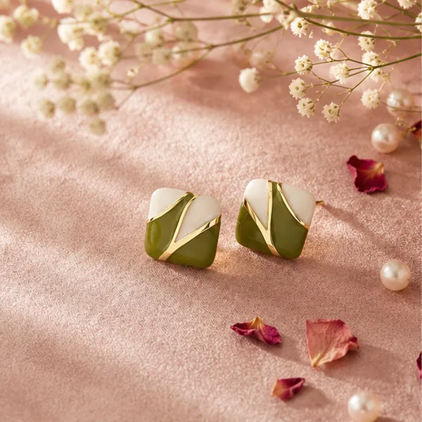 Olive_Green_Enamel_Stud_Earrings_Square_Geometric_Gold_Tone_Studs