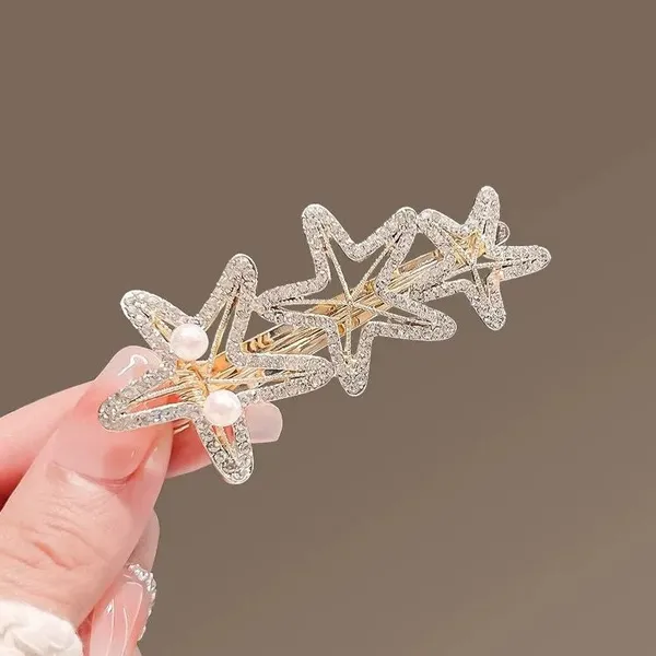 Cat_Eye_Pearl_Triple_Star_Hair_Clip_Gold_Tone