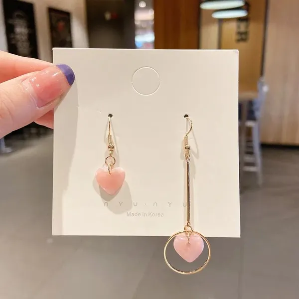 Pink_Heart_Asymmetric_Drop_Earrings_Gold_Tone_Pink