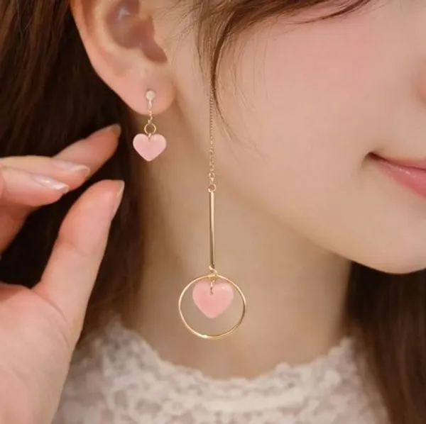 Pink_Heart_Asymmetric_Drop_Earrings_Gold_Tone_Pink