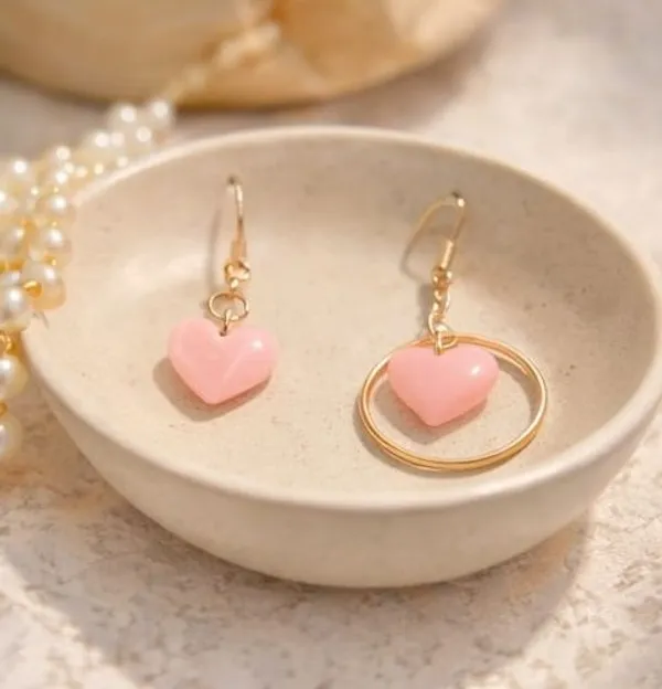 Pink_Heart_Asymmetric_Drop_Earrings_Gold_Tone_Pink