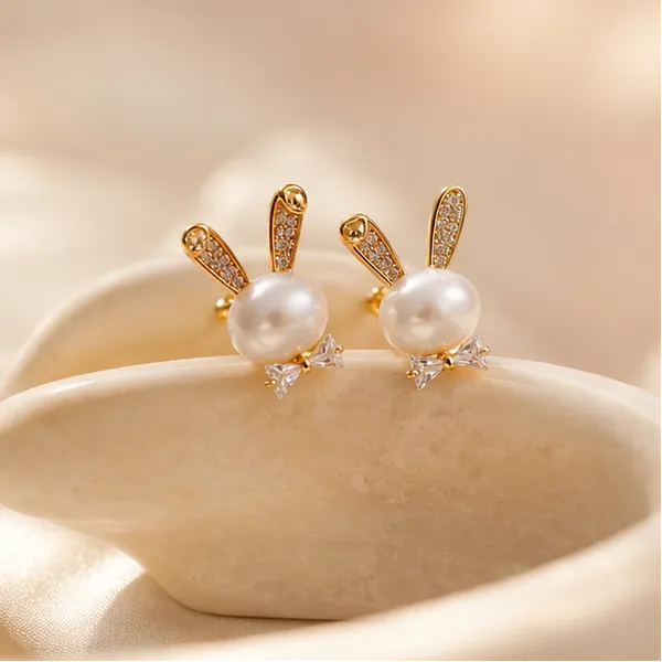 Faux_Pearl_Bunny_Stud_Earrings_With_Crystal_Bow_Gold_Plated