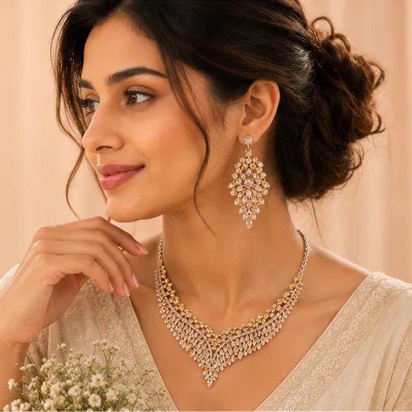 Crystal_Fringe_Necklace_Earring_Set_Champagne_Gold_Party_Wear_For_Women