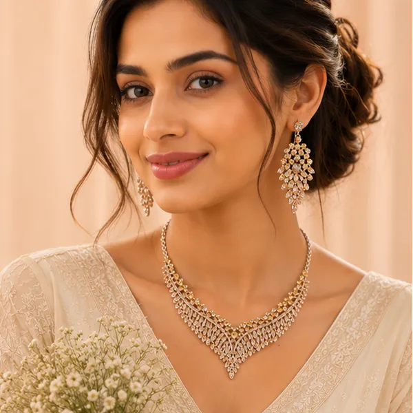 Crystal_Fringe_Necklace_Earring_Set_Champagne_Gold_Party_Wear_For_Women