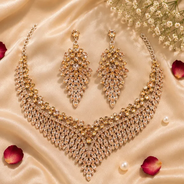 Crystal_Fringe_Necklace_Earring_Set_Champagne_Gold_Party_Wear_For_Women