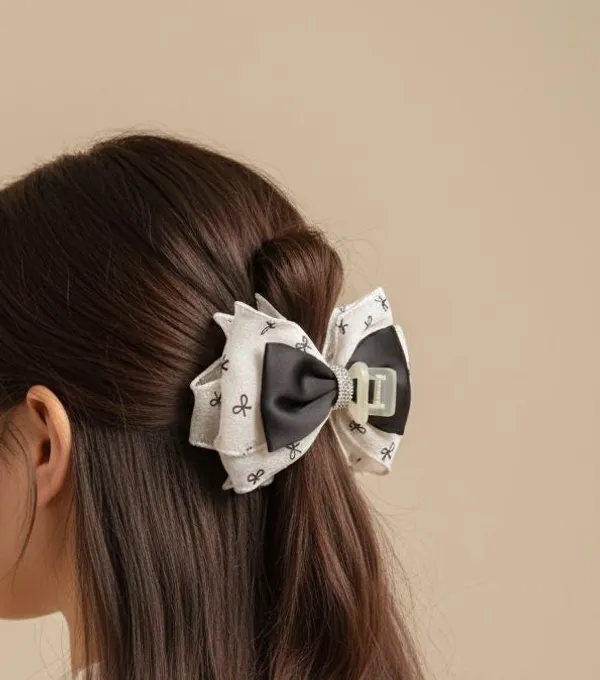 Dual_Layer_Bow_Hair_Claw_Black_Beige_Crystal