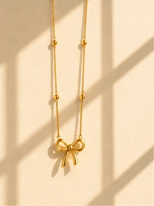 18k_Gold_Plated_Bow_Shape_Pendant_Necklace_Anti_Tarnish_Daily_Wear