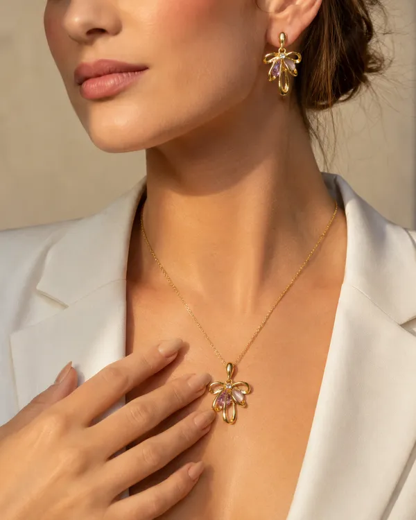 Gold_Plated_Abstract_Flower_Pendant_Necklace_And_Earrings_Set