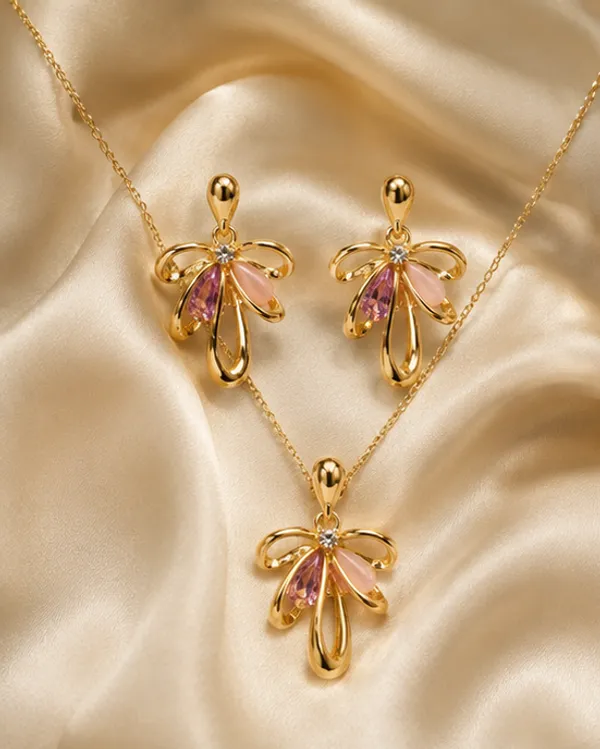 Gold_Plated_Abstract_Flower_Pendant_Necklace_And_Earrings_Set