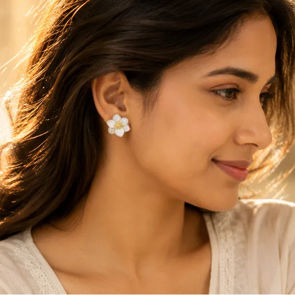 White_Flower_Stud_Earrings_Gold_Tone_Cz_Accent_For_Women