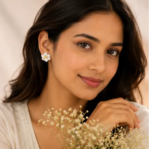 White_Flower_Stud_Earrings_Gold_Tone_Cz_Accent_For_Women