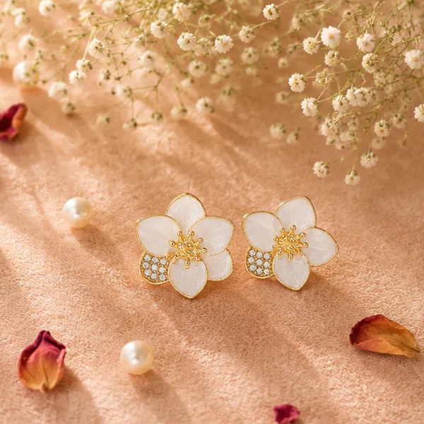 White_Flower_Stud_Earrings_Gold_Tone_Cz_Accent_For_Women