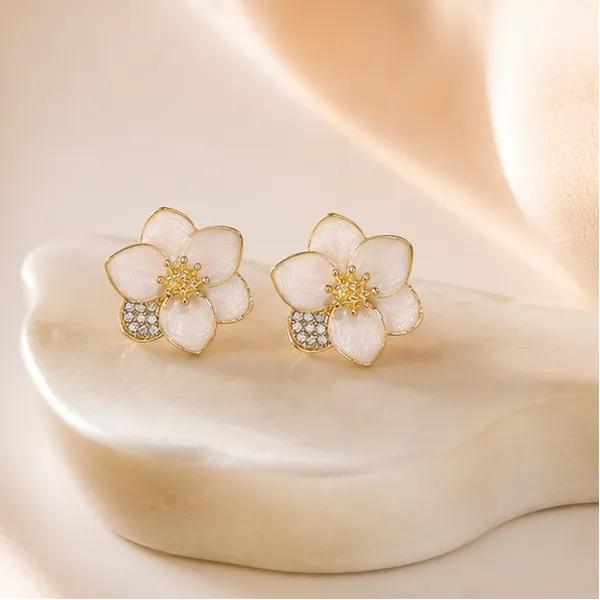 White_Flower_Stud_Earrings_Gold_Tone_Cz_Accent_For_Women