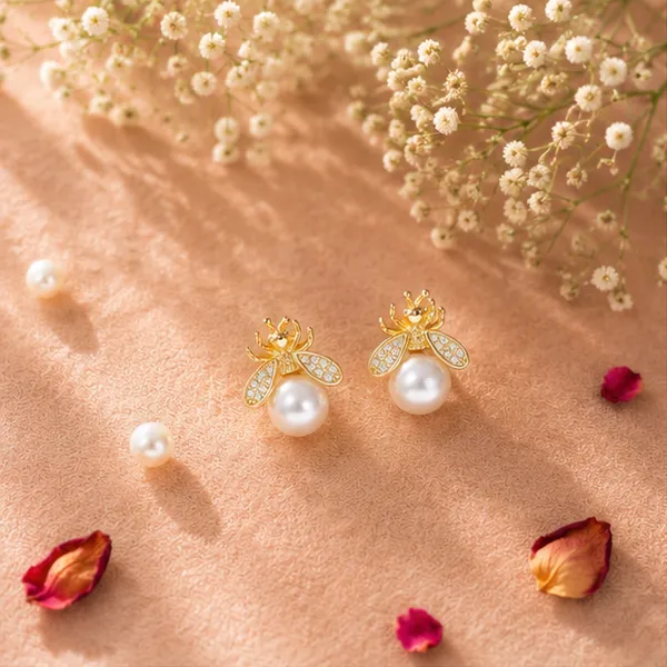 Bee_Pearl_Stud_Earrings_Gold_Tone_Cz_For_Women