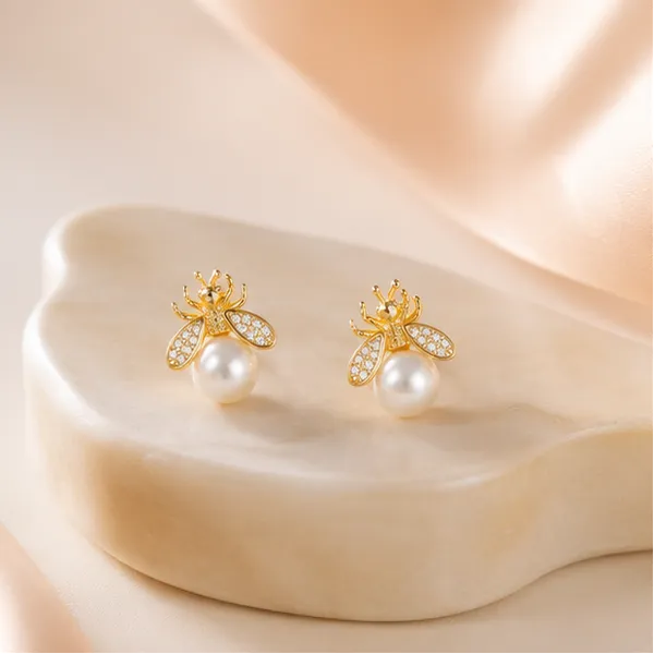 Bee_Pearl_Stud_Earrings_Gold_Tone_Cz_For_Women