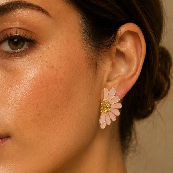 Pink_Daisy_Flower_Stud_Earrings_Gold_Tone_For_Women