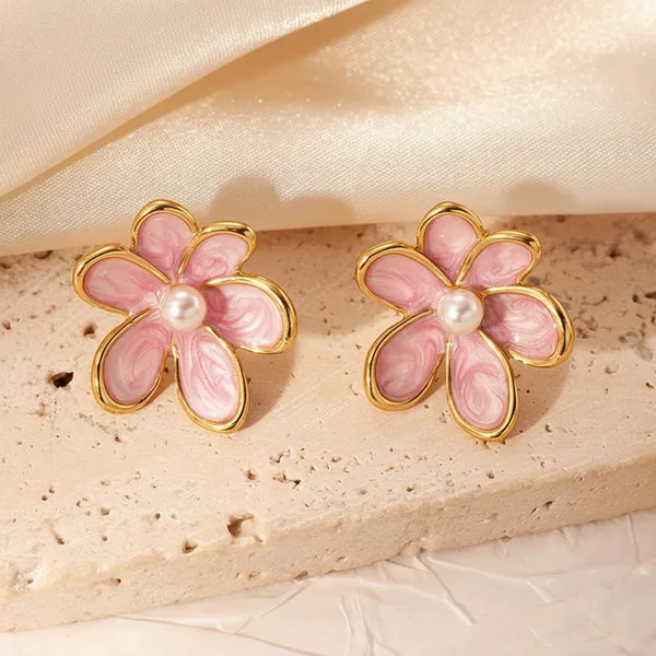 Pink_Flower_Pearl_Stud_Earrings_Gold_Tone_For_Women