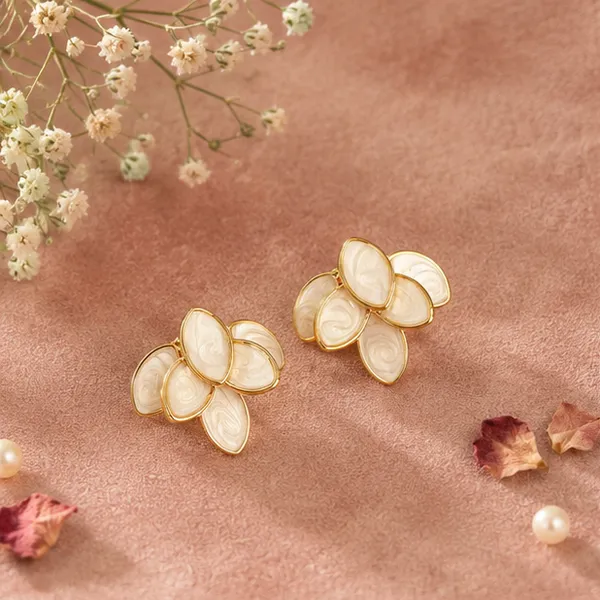 Cream_Petal_Cluster_Stud_Earrings_Gold_Tone_For_Women