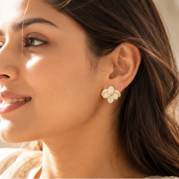 Cream_Petal_Cluster_Stud_Earrings_Gold_Tone_For_Women