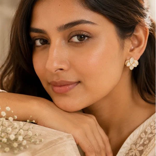 Cream_Petal_Cluster_Stud_Earrings_Gold_Tone_For_Women