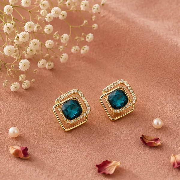 Teal_Cz_Stud_Earrings_Gold_Tone_Halo_For_Women