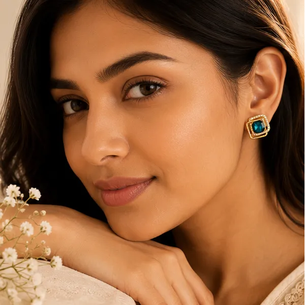 Teal_Cz_Stud_Earrings_Gold_Tone_Halo_For_Women