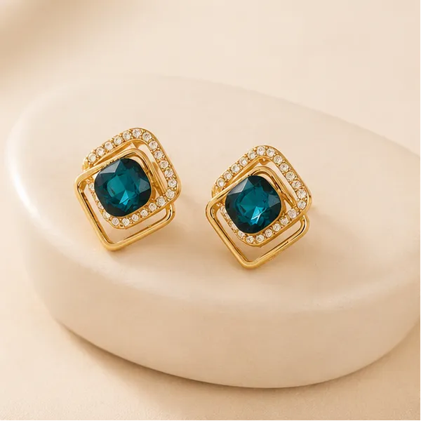 Teal_Cz_Stud_Earrings_Gold_Tone_Halo_For_Women