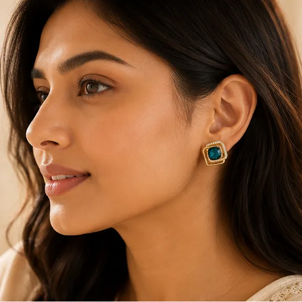 Teal_Cz_Stud_Earrings_Gold_Tone_Halo_For_Women