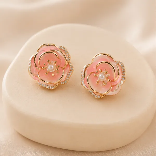Pink_Rose_Flower_Stud_Earrings_Gold_Tone_Cz_For_Women