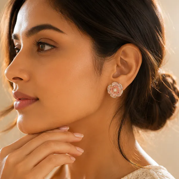 Pink_Rose_Flower_Stud_Earrings_Gold_Tone_Cz_For_Women