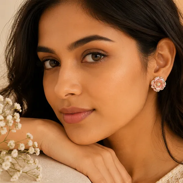 Pink_Rose_Flower_Stud_Earrings_Gold_Tone_Cz_For_Women