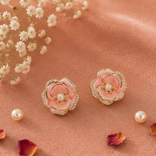 Pink_Rose_Flower_Stud_Earrings_Gold_Tone_Cz_For_Women
