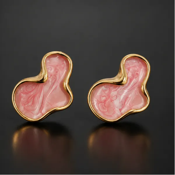 Pink_Abstract_Marbled_Stud_Earrings_Gold_Tone_For_Women