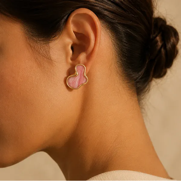 Pink_Abstract_Marbled_Stud_Earrings_Gold_Tone_For_Women