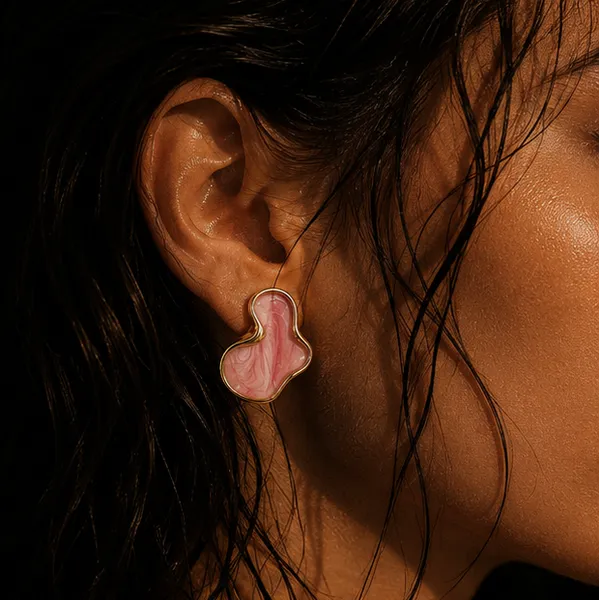 Pink_Abstract_Marbled_Stud_Earrings_Gold_Tone_For_Women