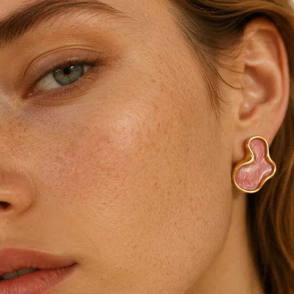 Pink_Abstract_Marbled_Stud_Earrings_Gold_Tone_For_Women