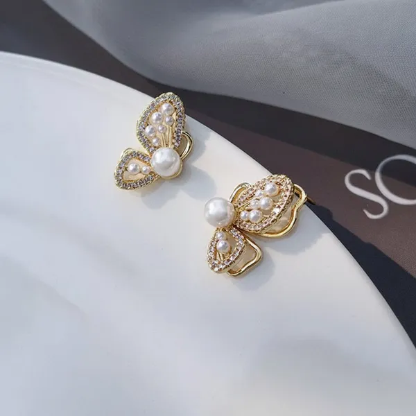 Cz_Pearl_Butterfly_Stud_Earrings_Gold_Tone_For_Women